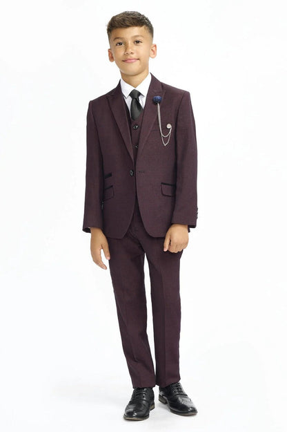 CARIDI – BOYS 3 PIECE SUIT IN MAROON CHECK