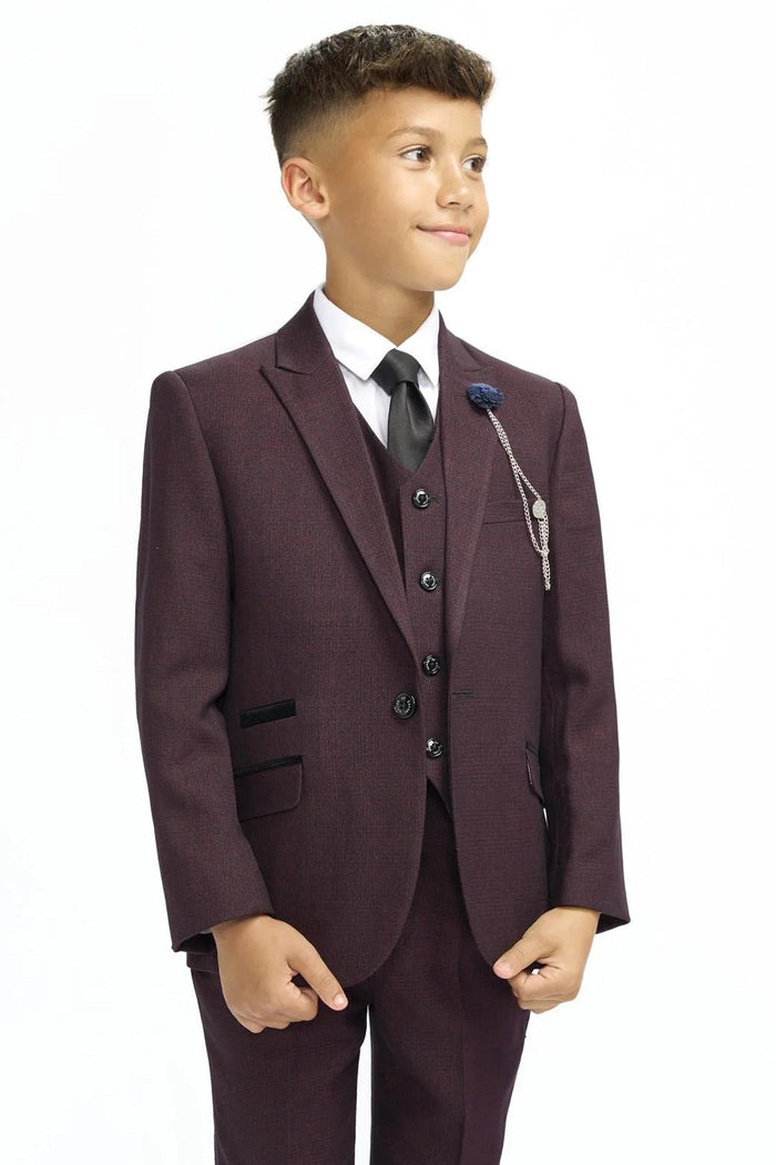 CARIDI – BOYS 3 PIECE SUIT IN MAROON CHECK