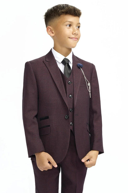CARIDI – BOYS 3 PIECE SUIT IN MAROON CHECK