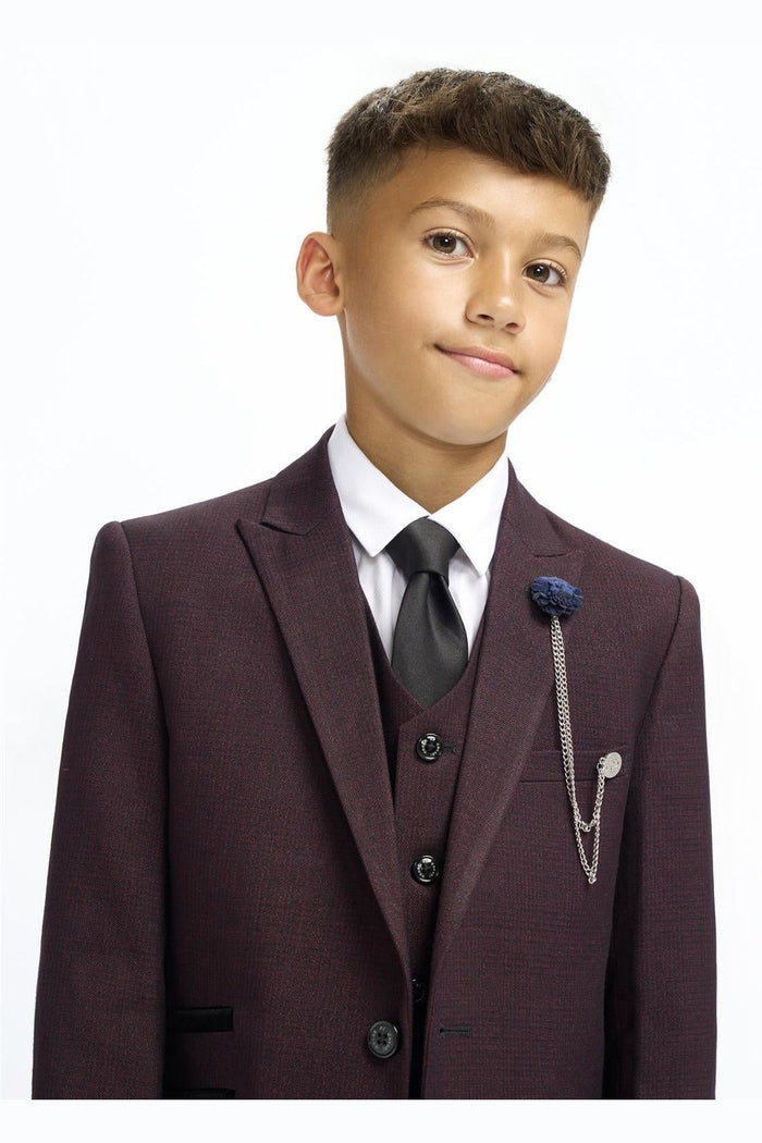 CARIDI – BOYS 3 PIECE SUIT IN MAROON CHECK