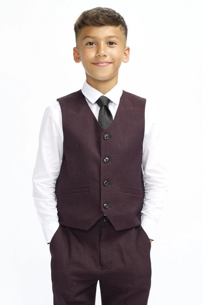 CARIDI – BOYS 3 PIECE SUIT IN MAROON CHECK