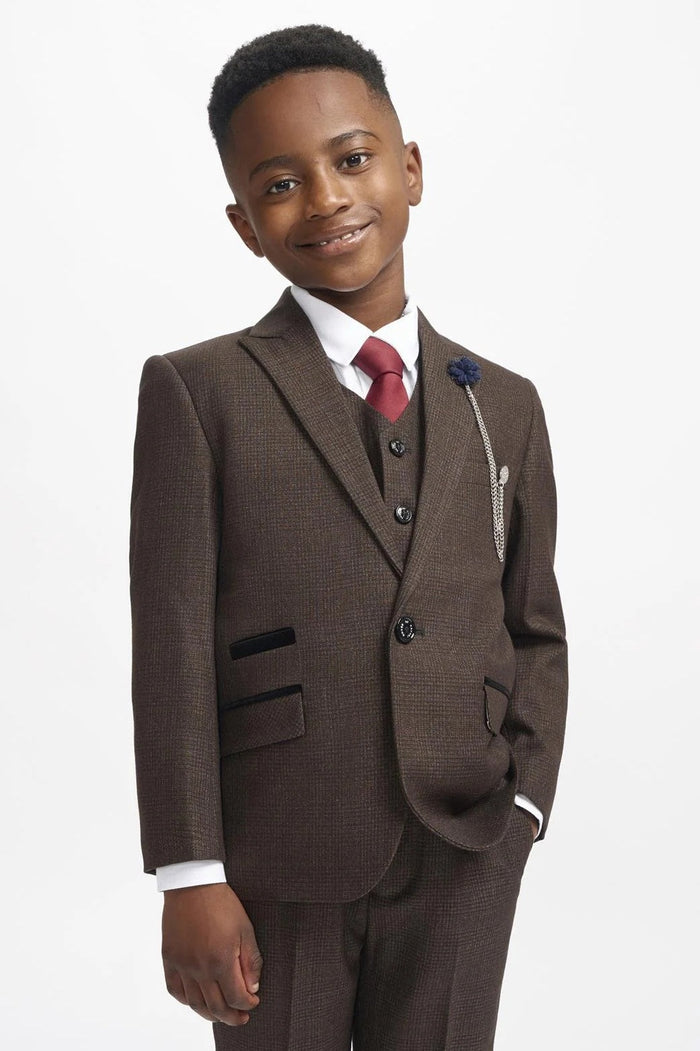 CARIDI – BROWN TWEED CHECK BOYS 3 PIECE SUIT