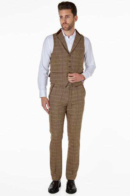 CARLO Tan Brown Tweed Check Waistcoat