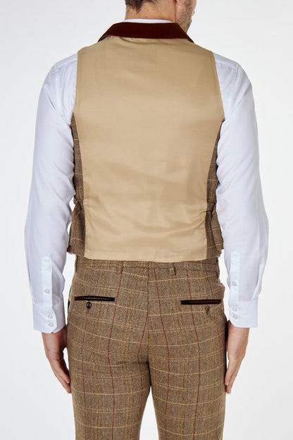 CARLO Tan Brown Tweed Check Waistcoat