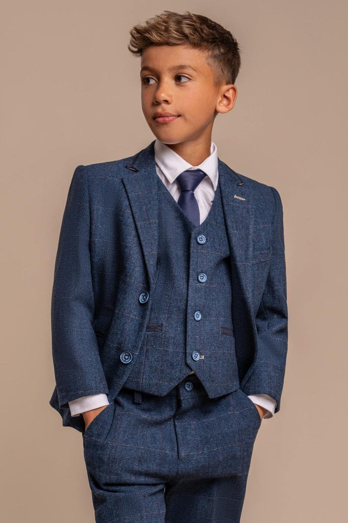 CARNEGI – BLUE TWEED CHECK BOYS 3 PIECE SUIT