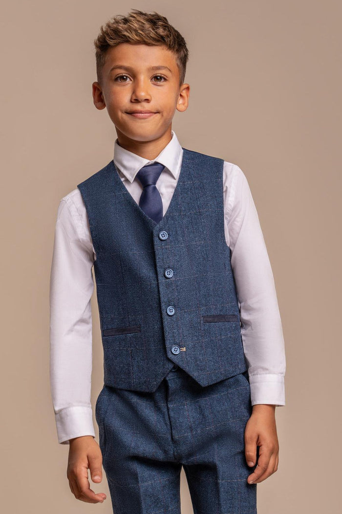 CARNEGI – BLUE TWEED CHECK BOYS 3 PIECE SUIT