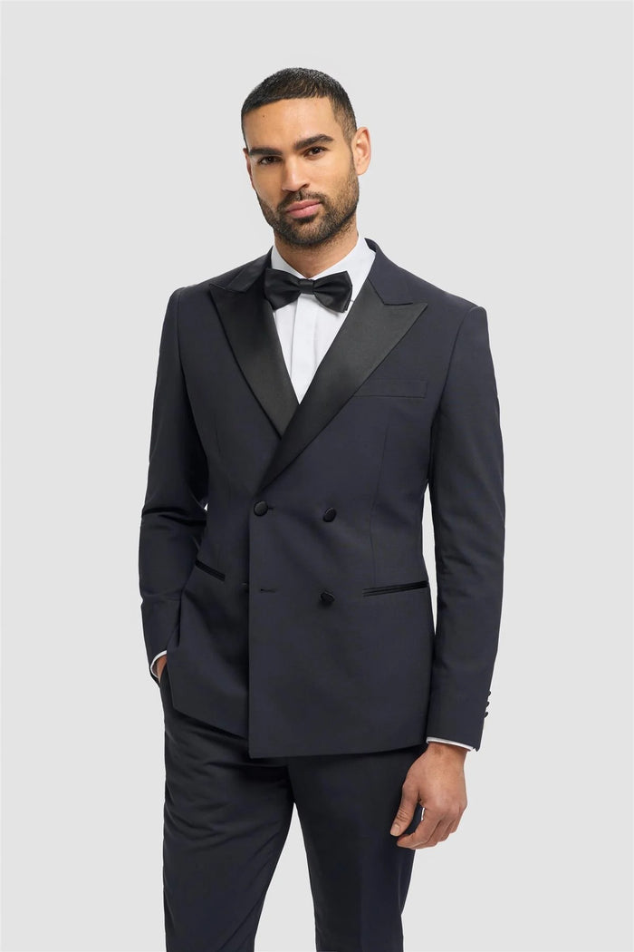 Aspen Navy Wool Blend Double Breasted Tuxedo 4-Piece Suit Bundle