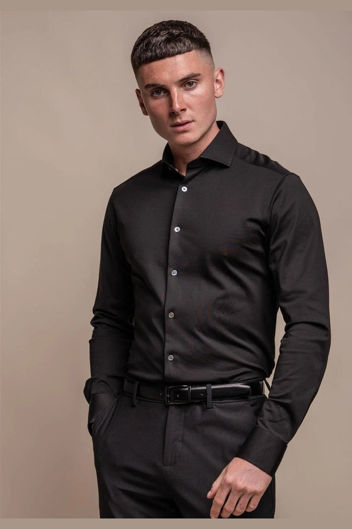 Cavani – Black Cotton Blend Stretch Slim Fit Shirt