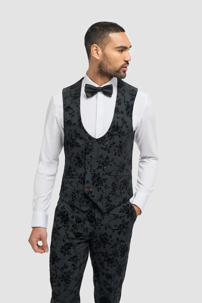 Cavani Georgi Black Floral Waistcoat Velvet Embossed
