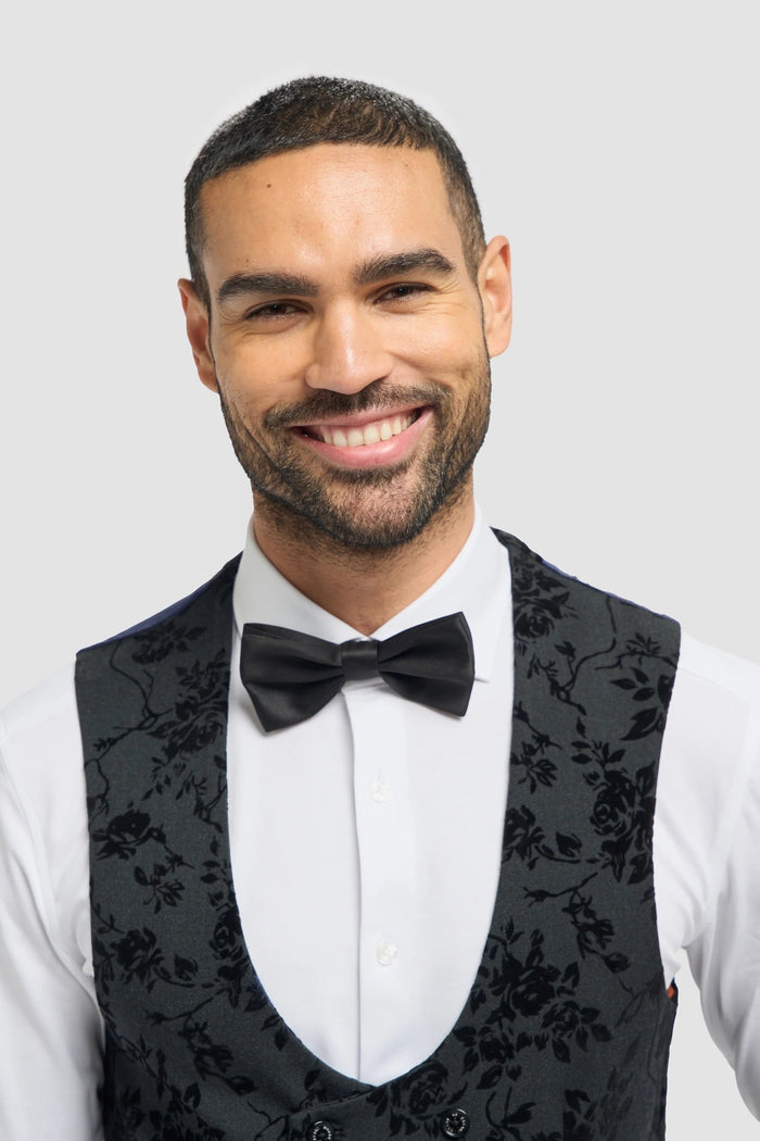 Cavani Georgi Black Floral Waistcoat Velvet Embossed