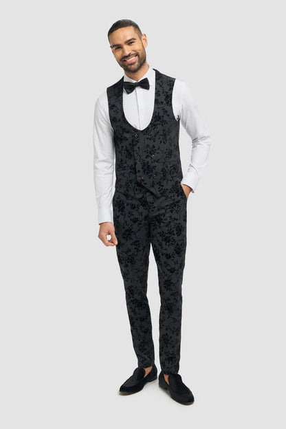 Cavani Georgi Black Floral Waistcoat Velvet Embossed