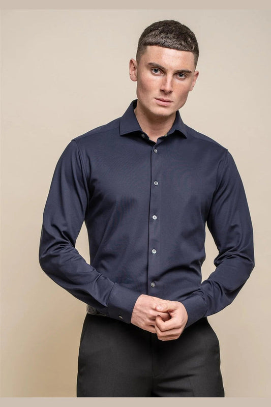 Cavani – Navy Cotton Blend Stretch Slim Fit Shirt