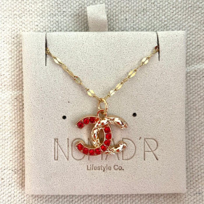 CC Half Crystal Logo Necklace- RED