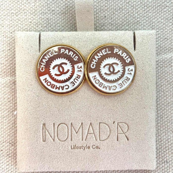 CC Rue Cambon Stud Earrings- WHITE/GOLD