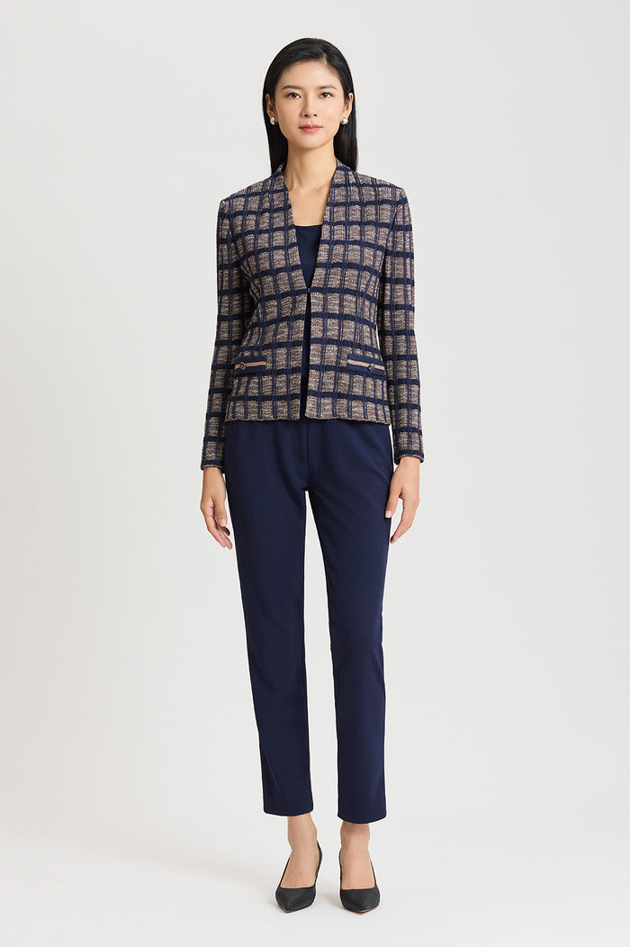 Checkered Knit Jacket, Indigo/Warm Taupe/French Almond | Ming Wang