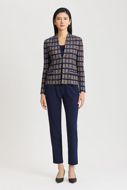 Checkered Knit Jacket, Indigo/Warm Taupe/French Almond | Ming Wang