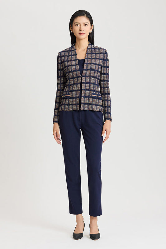 Checkered Knit Jacket, Indigo/Warm Taupe/French Almond | Ming Wang