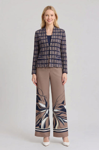 Checkered Knit Jacket, Indigo/Warm Taupe/French Almond | Ming Wang