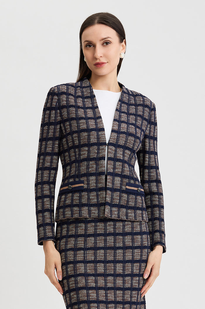 Checkered Knit Jacket, Indigo/Warm Taupe/French Almond | Ming Wang