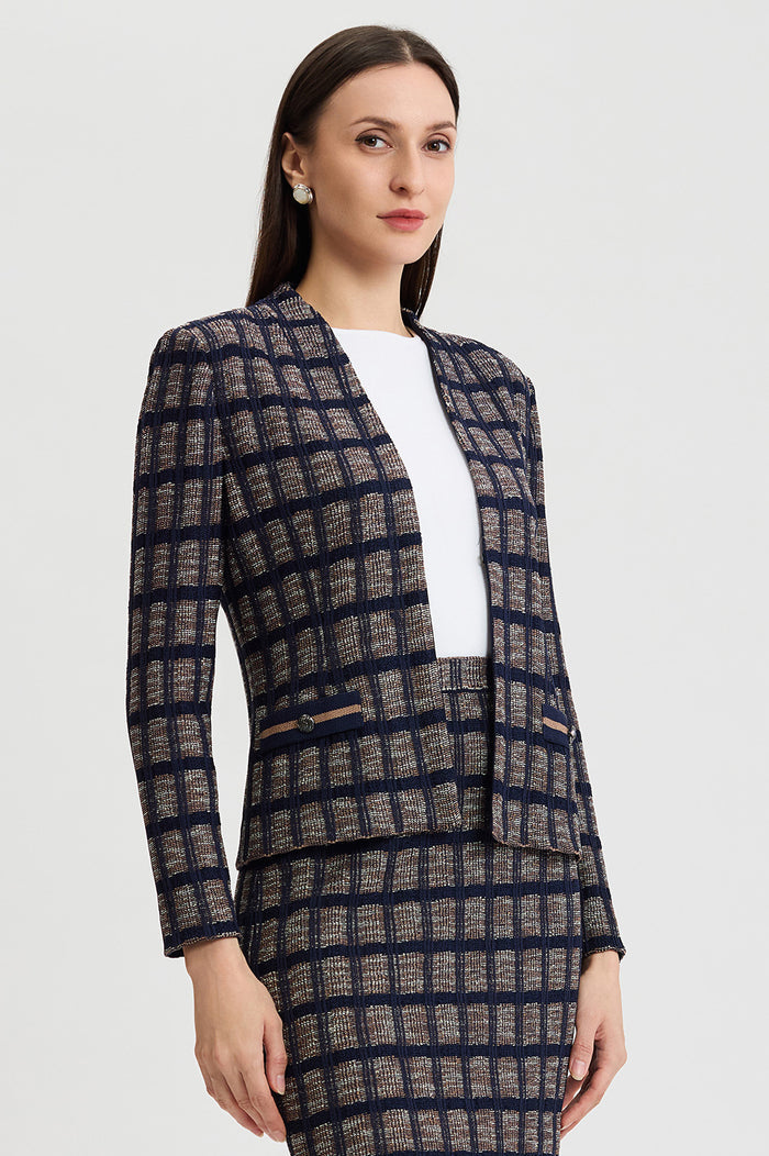 Checkered Knit Jacket, Indigo/Warm Taupe/French Almond | Ming Wang