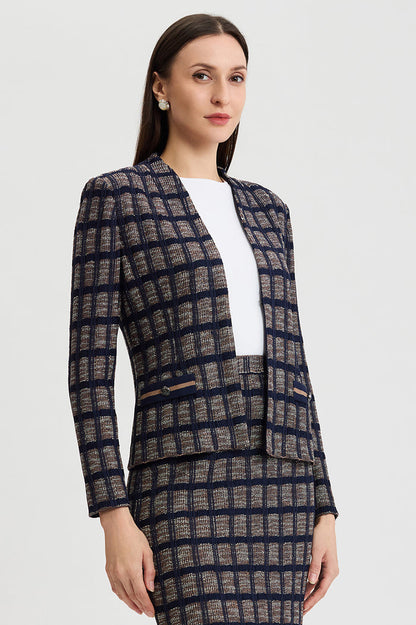 Checkered Knit Jacket, Indigo/Warm Taupe/French Almond | Ming Wang