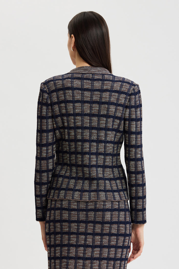 Checkered Knit Jacket, Indigo/Warm Taupe/French Almond | Ming Wang