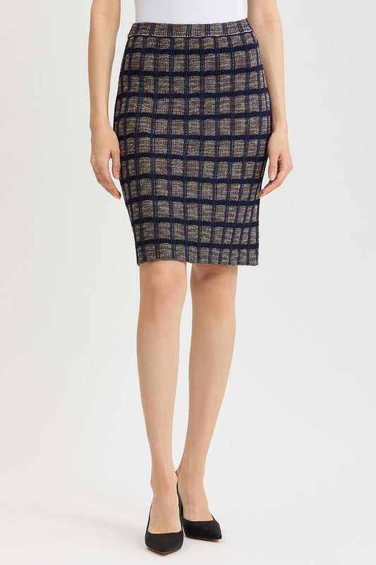 Checkered Knit Straight Skirt, Indigo/Warm Taupe/French Almond | Ming Wang