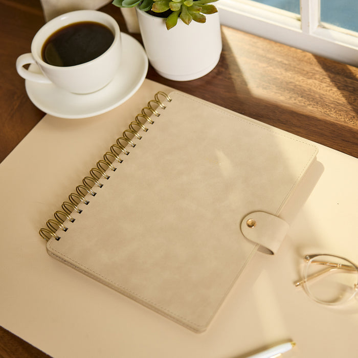 Citrine - Mocha - Classic Customizable Spiral Notebook with a soft mocha cover on a sunlit desk beside coffee a succulent and eyeglasses