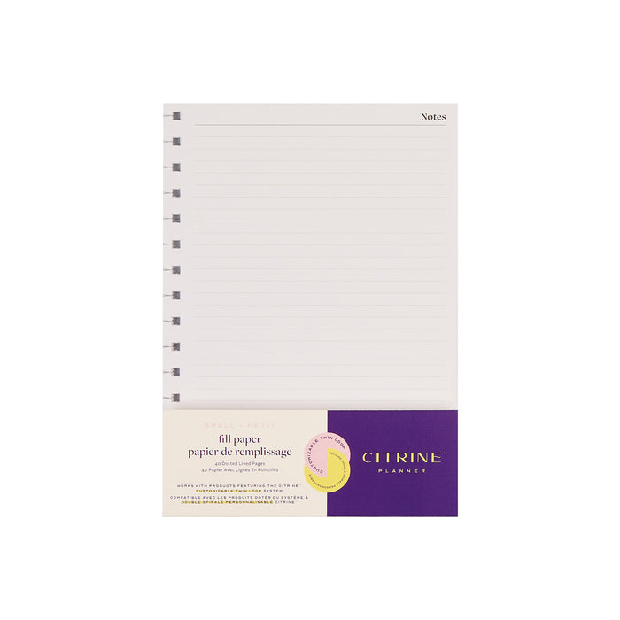 Citrine - Small Customizable Spiral Filler Paper with lined notes page and punched binding holes in purple packaging for planners and journals