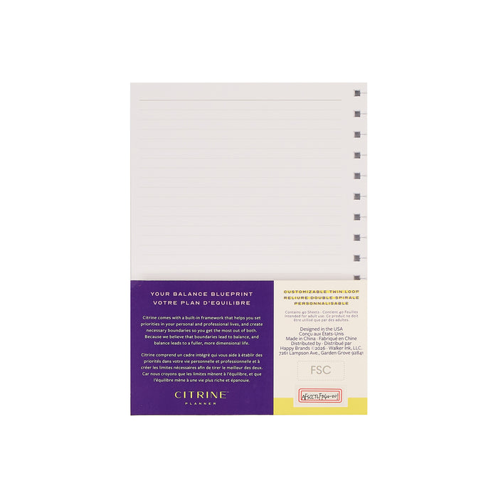 Citrine - Small Customizable Spiral Filler Paper with lined pages and disc punching for disc bound planners shown with purple and yellow packaging