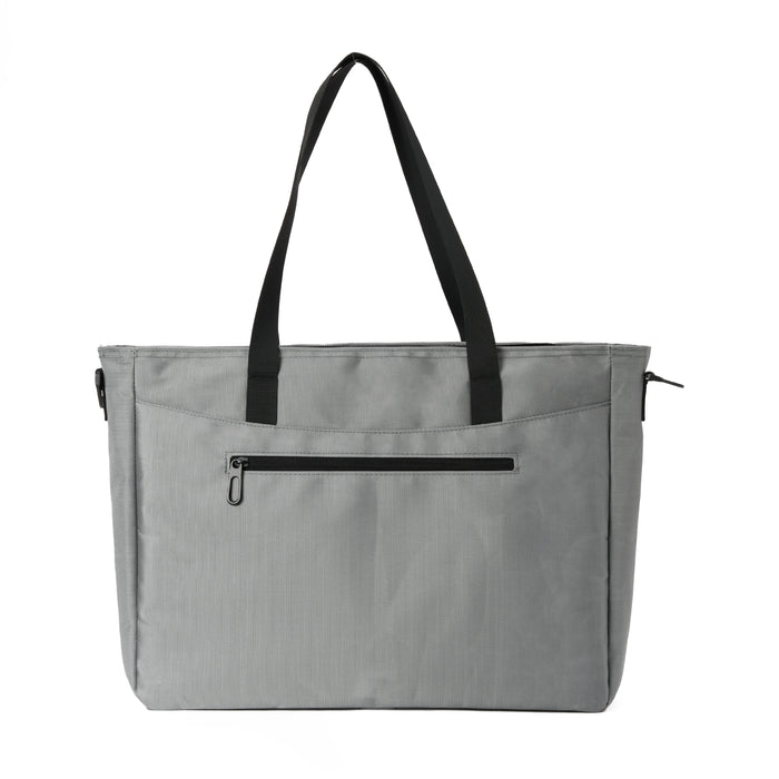 Gray tote bag with black handles and front zip pocket, travel or everyday accessory