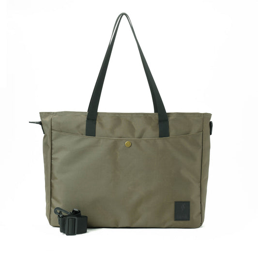 Olive green tote bag with black handles, front pocket, and detachable shoulder strap