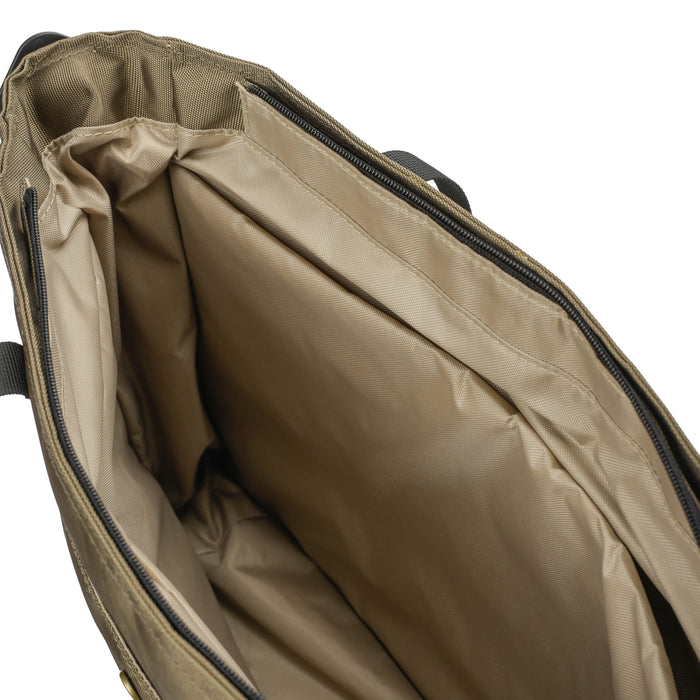 Interior view of khaki tote bag with spacious, padded compartment and zipper closure