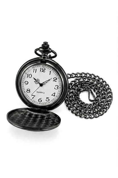 Classic 1920s Retro Pocket Watch & Chain – Black Polished