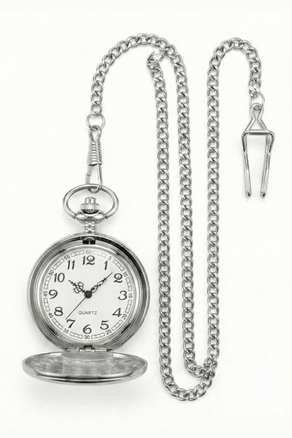 Classic 1920s Retro Pocket Watch & Chain – Silver Chrome