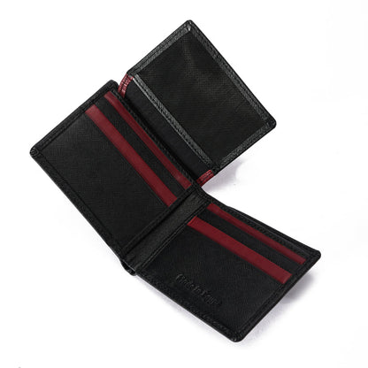 Black leather bifold wallet with red card slots on white background