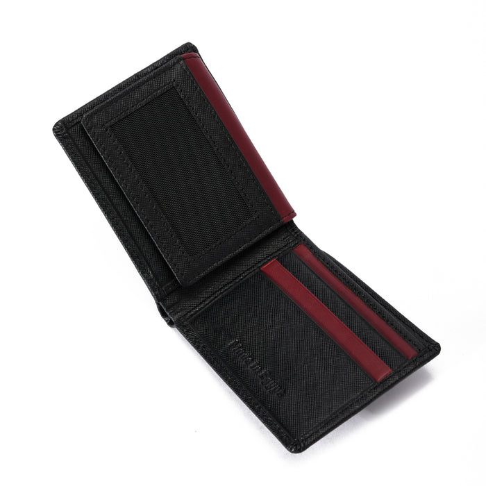 Black bifold wallet with red card slots and ID window on white background