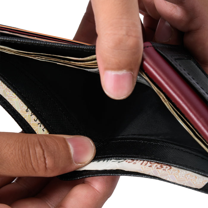 Close-up of hands opening a black leather wallet, showing empty interior and paper currency.