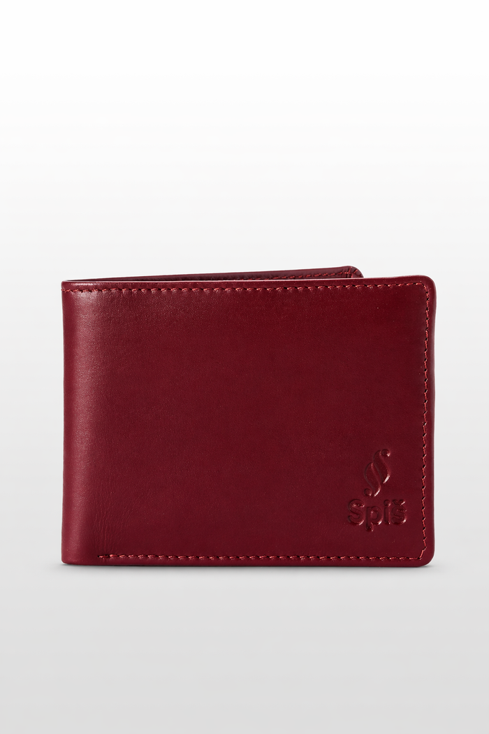 Slim burgundy leather bifold wallet with embossed logo on light background