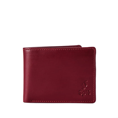 Burgundy leather wallet with embossed logo, minimalist design, front view, white background