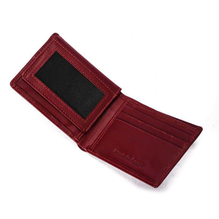 Open Burgundy leather wallet with ID window and card slots on white background