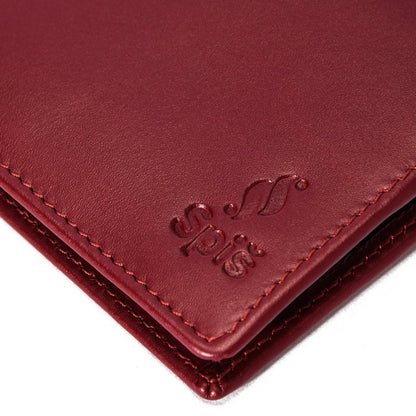 Close-up of burgundy leather wallet with embossed logo and detailed stitching