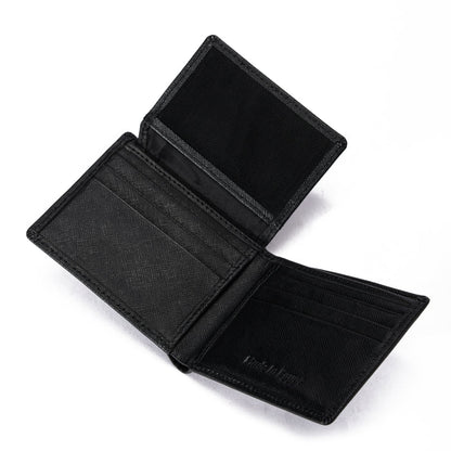 Open black leather wallet with multiple card slots against white background
