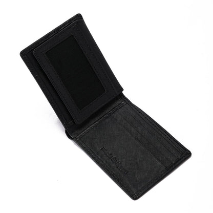 Open black leather wallet with card slots and ID window on white background