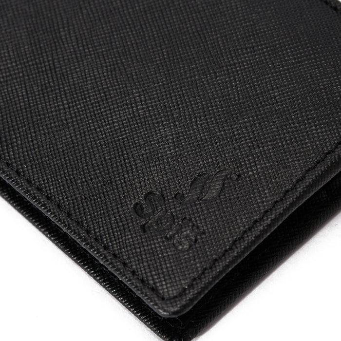 Textured black leather wallet corner with embossed logo detail