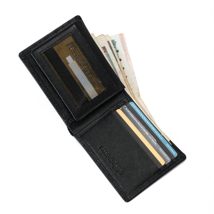 Open black leather wallet with cash and cards on white background