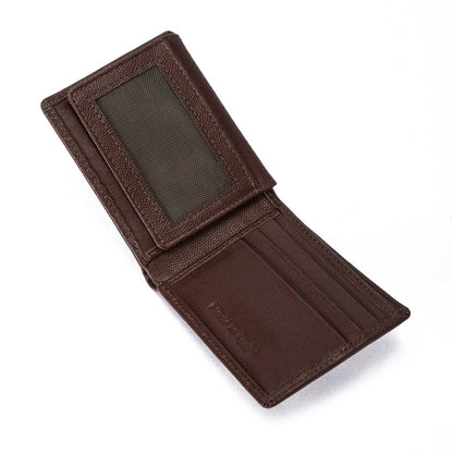Open brown leather wallet with card slots and ID window on white background