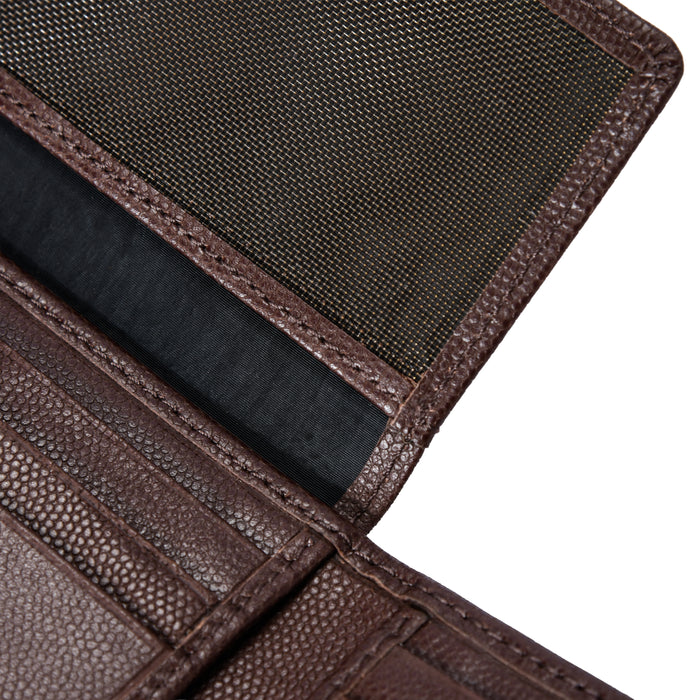 Close-up of brown textured leather wallet with card slots and mesh ID window