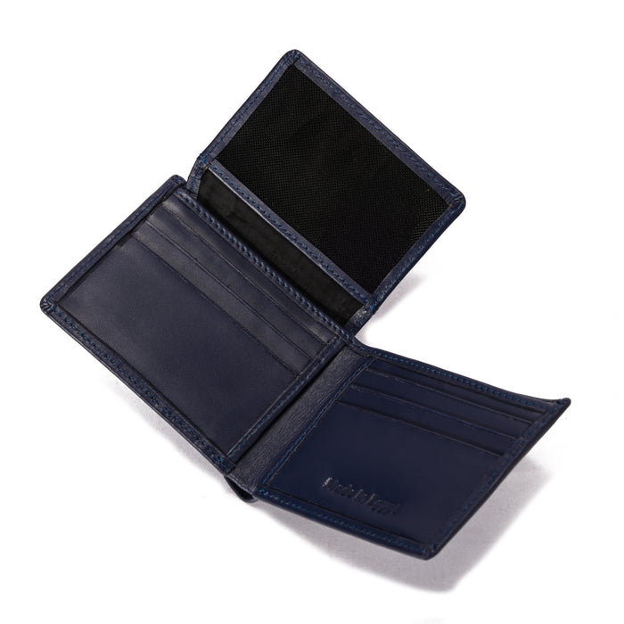 Open navy blue leather wallet with card slots and black interior compartment