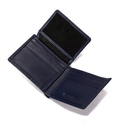 Open navy blue leather wallet with card slots and black interior compartment